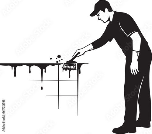 Monochromatic illustration of a man cleaning tile with a brush a
