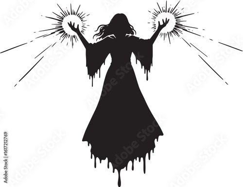 Silhouette of a sorceress wielding radiant spheres of power in m