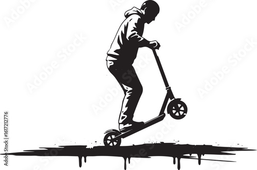 Monochrome silhouette of a boy riding a scooter with dynamic dri