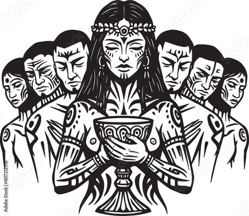 Monochromatic illustration of tribal woman with chalice surround