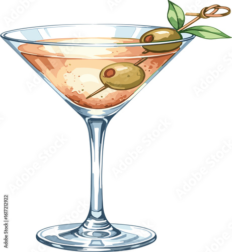 Watercolor illustration of a classic martini cocktail. Cocktail drink watercolor illustration on transparent background.