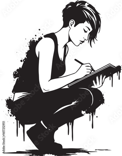 Monochrome illustration depicting creative female artist sketchi
