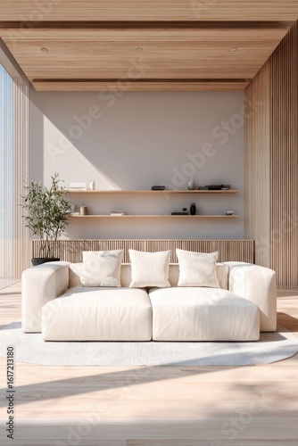 Warm Minimalist Living Room With Cozy White Sofa, Natural Wooden Shelves, And Tranquil Decor