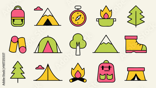 Charming hand drawn illustration celebrating outdoor exploration camping and wilderness adventures with a distinct artistic flair and vibrant color palette