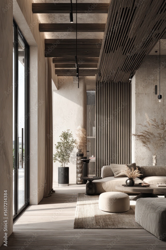 Fototapeta premium Modern minimalist living room with beige sofa, round ottomans, and tall windows. Warm neutral palette and wood ceiling slats. Calm focus for real estate listings and interior design marketing.
