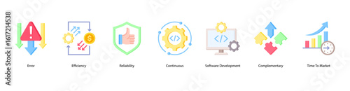 Agile performance web banner icon vector illustration with concepts like error, efficiency, reliability, continuous process, software development, complementary skills, and time to market.