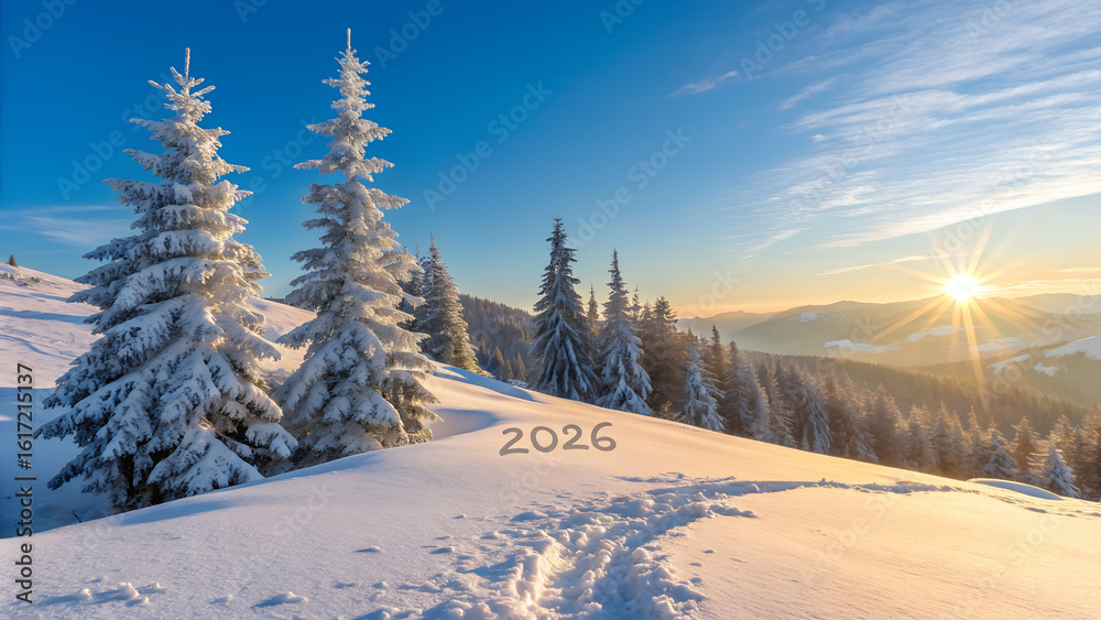 Fototapeta premium Stunning winter sunrise illuminates snow-covered evergreen trees and mountain landscape