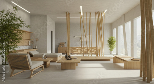 Modern Japandi style living room with natural light, bamboo decor, and minimalist wooden furniture. Interior design visualization.