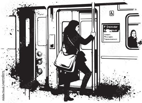 Monochromatic illustration of a woman entering a subway train ca