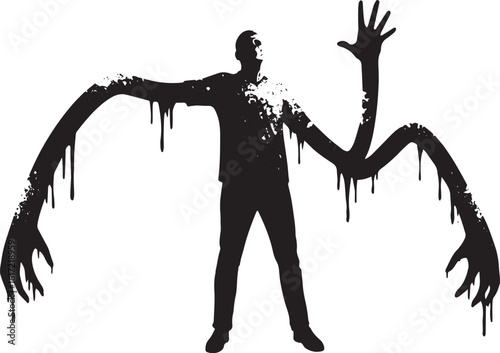 Silhouette of a man with long, dripping arms reaching out in the