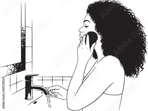 Line art depicting a woman using a facial cleansing brush in the