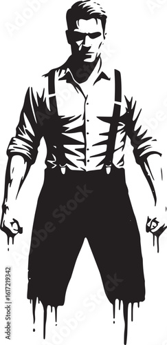 Monochrome illustration of a confident man with suspenders and a