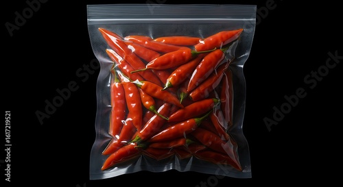 Fresh red hot chili peppers vacuum-packed in a transparent bag for preservation