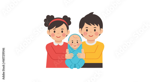 Happy family illustration of young children holding their baby sibling