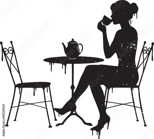 Elegant silhouette of a woman enjoying tea at an outdoor caf