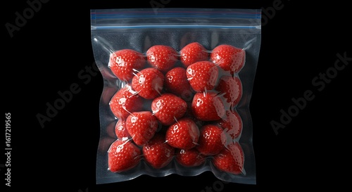 Fresh red strawberries vacuum sealed in a clear plastic bag for preservation on a black background