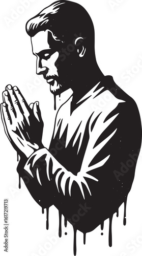 Monochrome art of a man in contemplative prayer with flowing dri
