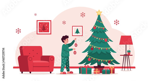 A Boy Decorates the Christmas Tree in a Cozy Room Filled with Holiday Cheer