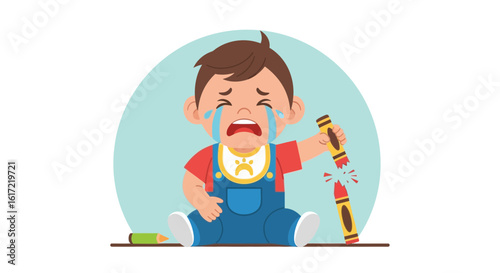 A Cartoon Baby Crying Over a Broken Crayon with Round Background and Two Crayons