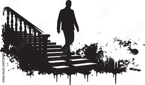 Silhouette of a Man Descending Stairs with Splatter Grunge Effec