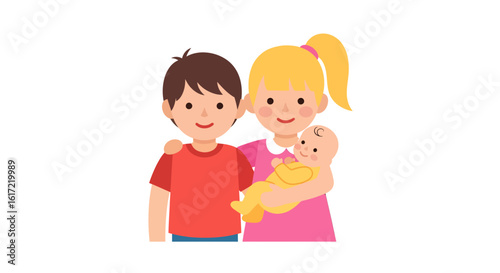 Illustration of happy family holding a baby together siblings and childhood