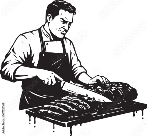 Skilled butcher expertly slicing freshly cooked roast beef with