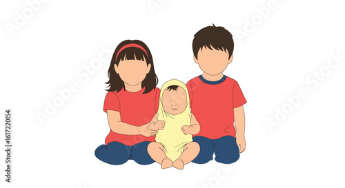 Illustration of siblings girl boy and baby bonding together in flat style