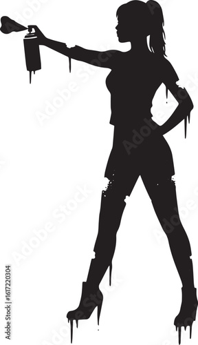 Silhouette illustration of a graffiti artist woman holding a spr