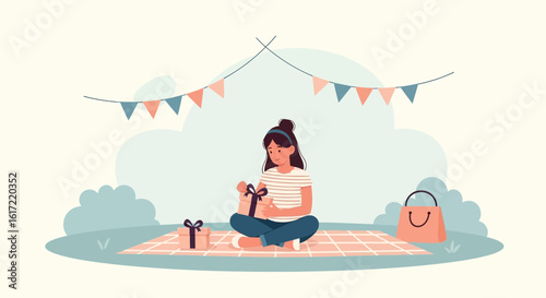 A girl unwraps a gift during a charming outdoor picnic party celebration occasion scene