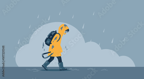A Gloomy Day Walking Home From School In The Heavy Rain Weary Child