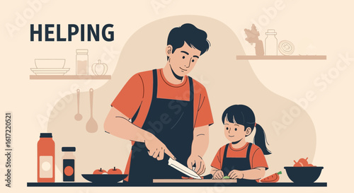 A heartwarming illustration of a father and daughter cooking together in the kitchen