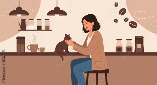 A heartwarming illustration of a woman enjoying coffee time with her feline companion at home