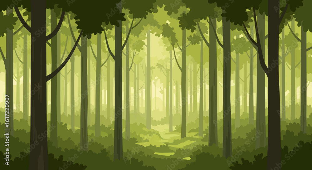 Obraz premium Lush forest scenery with soft sunlight and deep woodland perspective