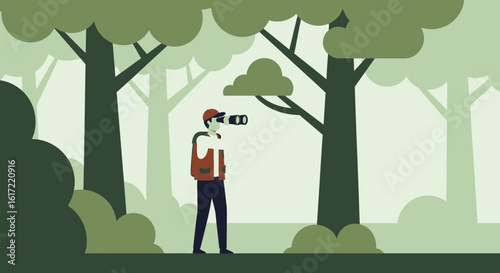 A Man Exploring Nature with Binoculars in a Forest Adventure Illustration