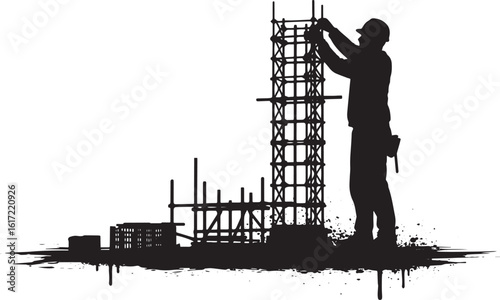 Silhouette of a construction worker erecting scaffolding on a co
