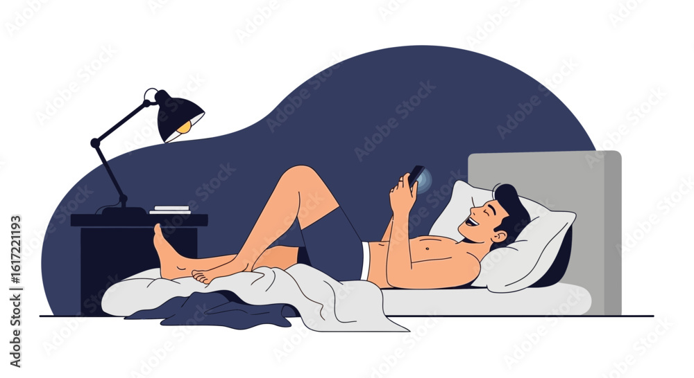 Fototapeta premium A relaxed man using a smartphone in bed at night with a bedside lamp providing light creating a cozy atmosphere