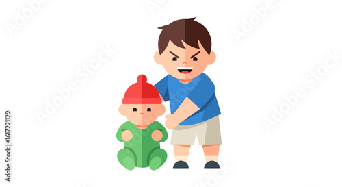 Sibling rivalry illustration with angry older brother and infant together