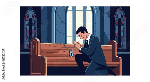 A poignant illustration of faith, restriction, and vulnerability in a church setting, showcasing emotional conflict