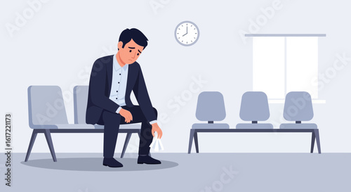 Businessman Suffering Anxious Moments Sitting Alone In Waiting Room Illustration