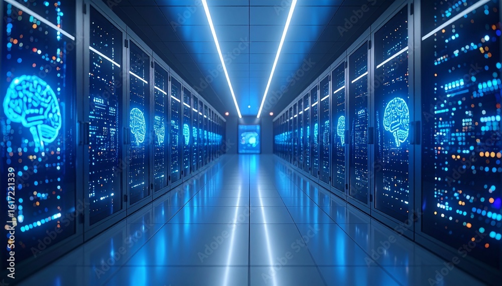 Fototapeta premium Futuristic Server Room with Holographic Brain Circuits