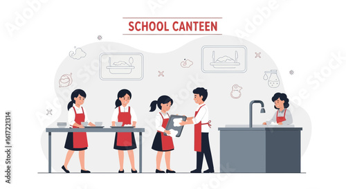 Busy Students Serving Lunch At The School Canteen With Red Aprons