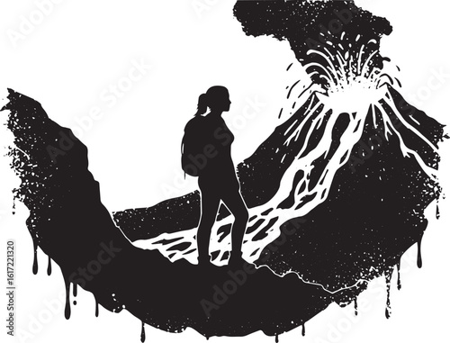 Silhouette of a female hiker observes a volcano spewing lava and