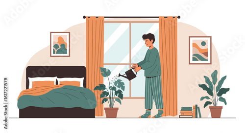 Carefree Man Watering Houseplants In Bright And Cozy Bedroom By Window