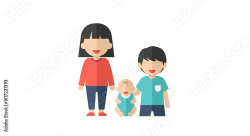 Stylized flat illustration of family group woman boy and infant together