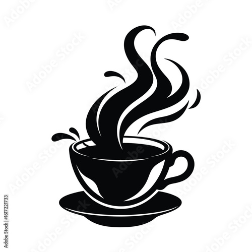 Coffee day vector art of a black silhouette of a steaming coffee cup with saucer isolated
