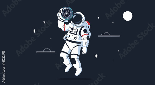 Cartoon Astronaut Floating In Space With Globe Exploring The Universe