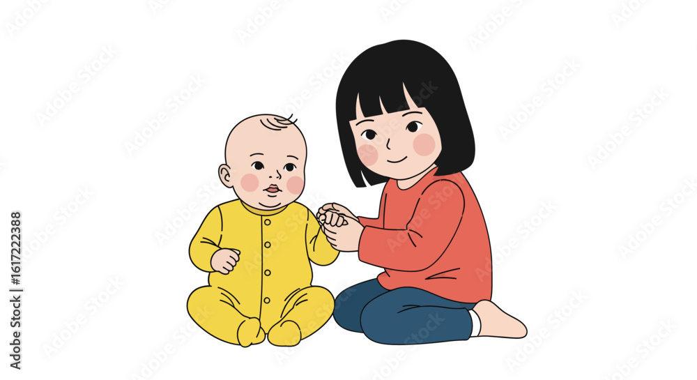 Young girl holding hands with baby illustration for family concept Young girl holding hands with baby illustration for family concept