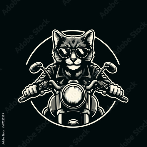 A stylized black and white illustration of a cat wearing sunglasses and a leather jacket, riding a motorcycle.