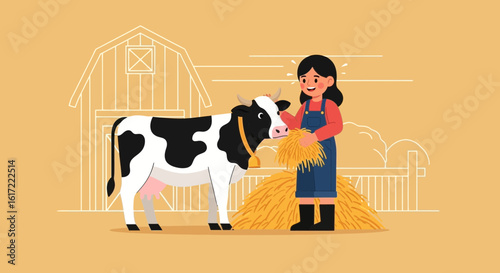 Cartoon farmer girl feeds a spotted cow with hay in front of a farm barn building in a rural scene illustration