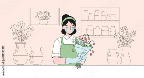 Crying florist holding wilted bouquet in flower shop surrounded by fresh blooms illustration